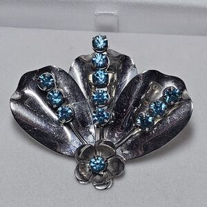 Silver-tone Blue Crystal Floral Brooch